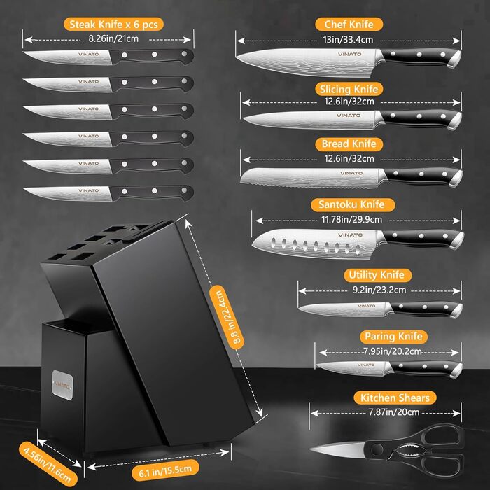 VINATO 14-Piece Knife Block Set with Sharpener - Damascus Pattern Kitchen Knife Set - Professional Chef's Knife Set, Black