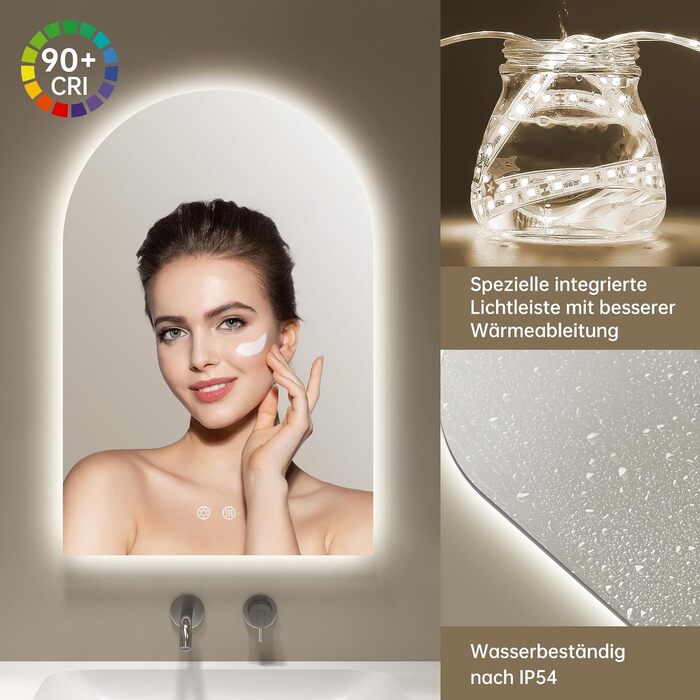 Дзеркало для ванної кімнати з підсвічуванням, арочне, без рами, 75x50 см. Touch-вимикач, регулювання яскравості, 3 кольори світла, антизапар