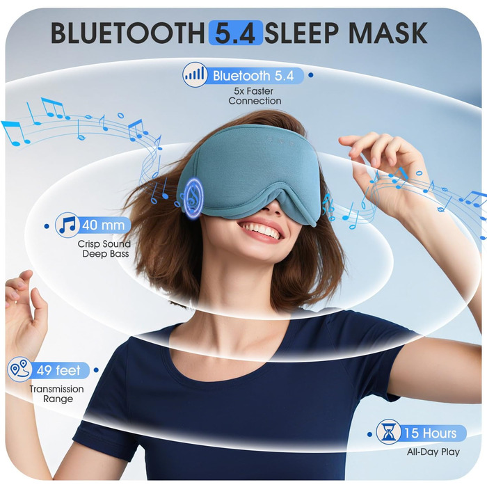 Маска для сну з навушниками Bluetooth Dolida, 3D бамбукова маска для очей з мікрофоном для жінок та чоловіків, зручна для сну на боці (Сіро-блакитна)