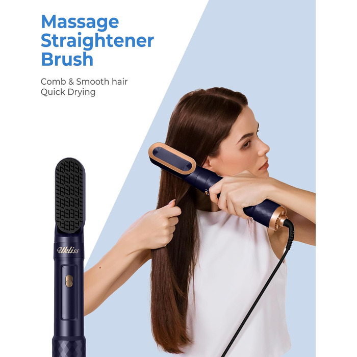 UKLISS 6-в-1 Стайлер для волосся: фен, плойка, брашинг, випрямляч, мультистайлер. Професійний набір для волосся, блакитний колір