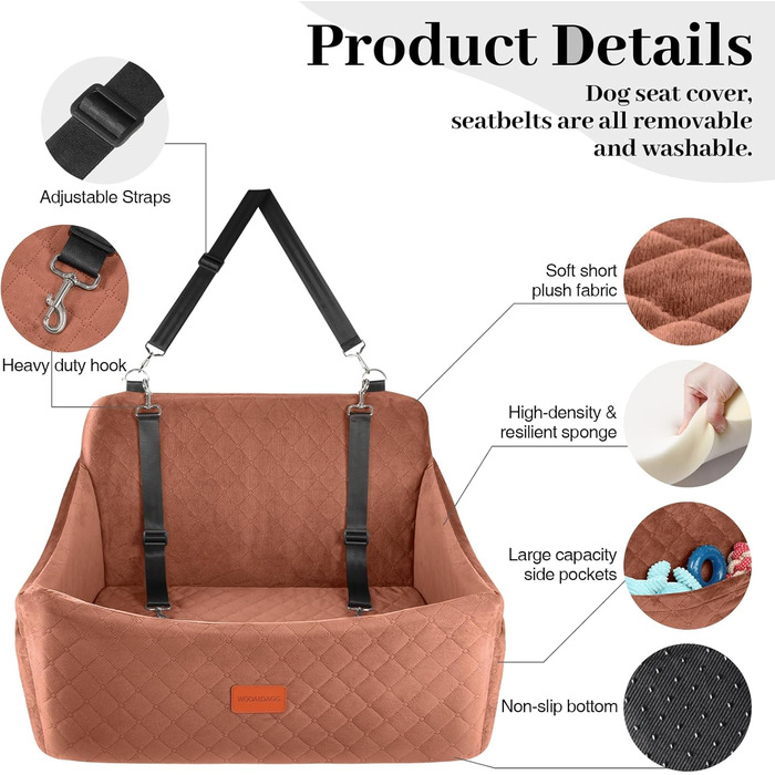 Wooaidagg Large Dog Car Seat - Memory Foam Bed for Medium & Large Dogs, Washable & Detachable, Includes 2 Leashes (Brown)