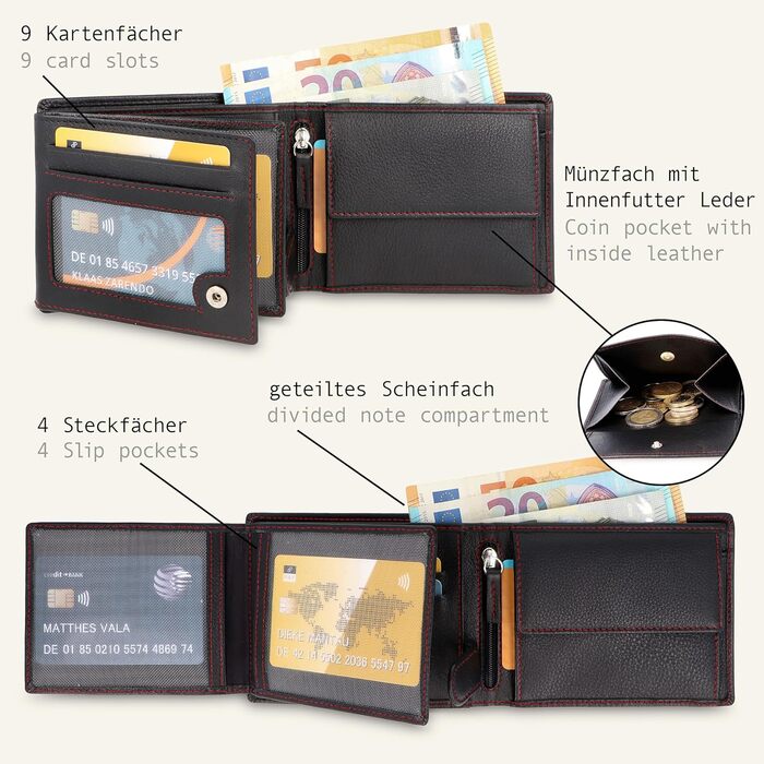 LEDEROW Wallet for Men Leather Black-Red - Crossbody Wallet including Gift Box - Men's Portofolio RFID Protection with Coin Pocket - Wallet Purse Leather Man Large (Black-Red)