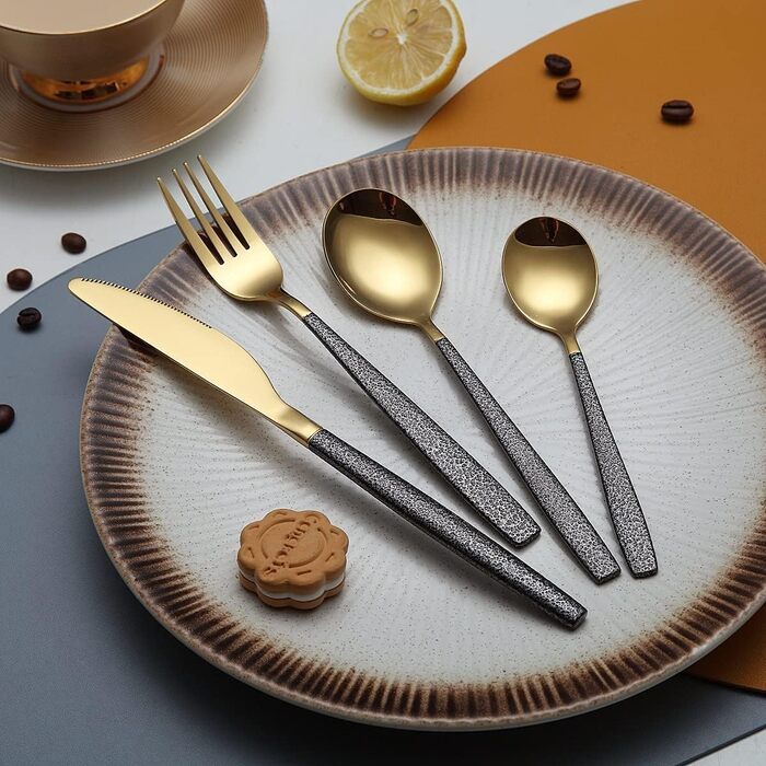 Набір столових приборів 24 предмети з золотими ручками та чорним мармуровим покриттям, нержавіюча сталь, ніж з титановим покриттям, для 6 осіб