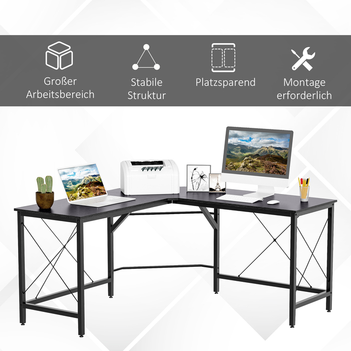 HOMCOM Computer Desk L-Shape Corner Desk 150x150x76cm MDF Black, modern corner desk for office & home office