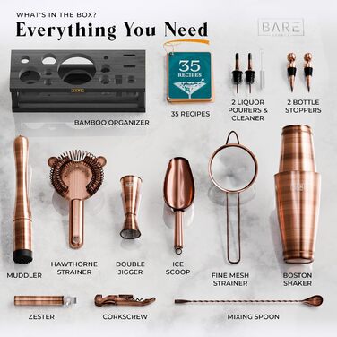 Набір бармена BARE BARREL® Mixology: 16 предметів для приготування коктейлів | Шейкер, інструменти, рецепти | Ідеальний подарунок для дому