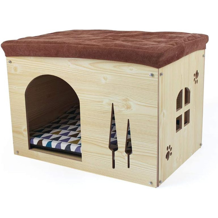 Wooden Dog House with Mattress - Detachable Cat House in Shoe Locker Shape - Indoor Pet House for Cats, Puppies, Dogs & Small Animals - All Seasons Pet Nest - Beige, Large (L)