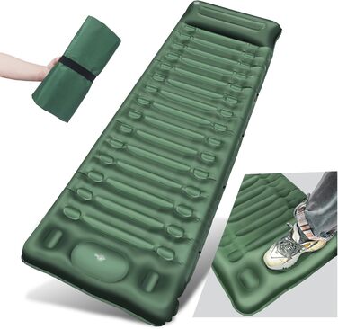 BLUEVER Self-Inflating Camping Mat with Foot Pump, 14cm Thickened Sleeping Pad with Pillow for Hiking, Tent, Outdoor, Beach, Travel - Green