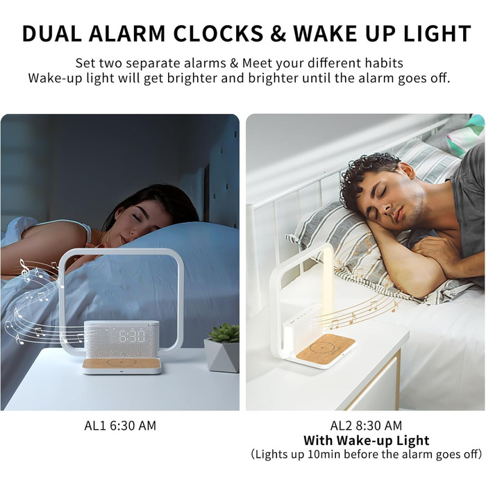 Нічна лампа RETEYUNG з бездроговою зарядкою 10W, 2 будильники, денний світловий будильник, 10 заспокійливих звуків, торкання, регулювання яскравості (3 рівні) (Сучасний дизайн)