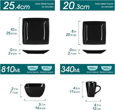 Vancasso Dinnerware Set, 24 Piece Stoneware SOHO Square Dish Set for 6 People, Combination Set, Square 24 Piece Black