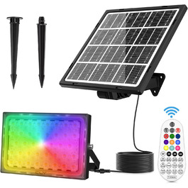 Сонячний RGB прожектор CLV з пультом, IP66, 10 кольорів, 6 рівнів яскравості, 30 режимів, диміруємий LED світильник з таймером і пам’яттю для саду та вечірок