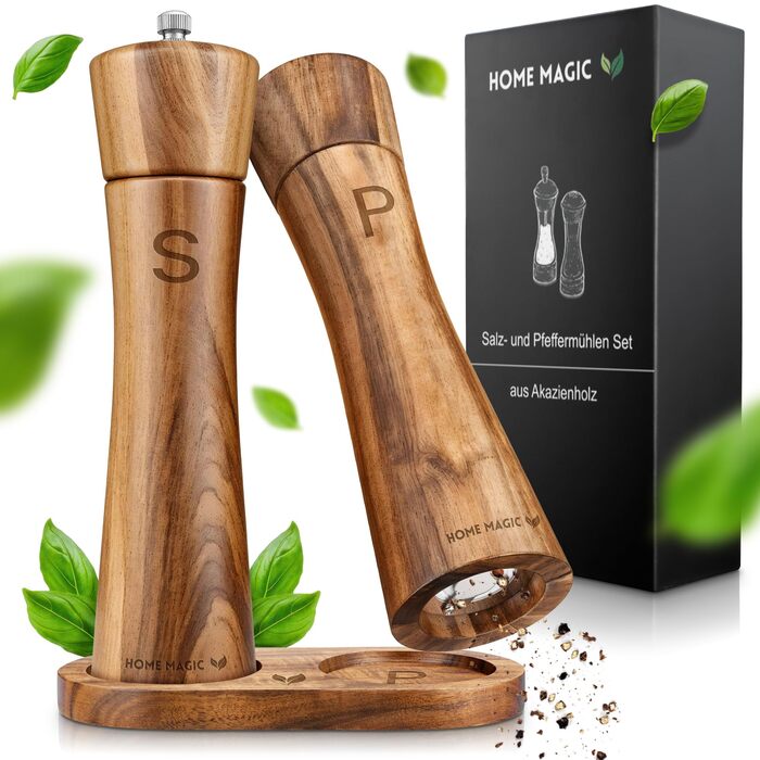 Набір млинів для солі та перцю Premium Holz Pfeffermühle 2 шт. з акації з підставкою, керамічний механізм