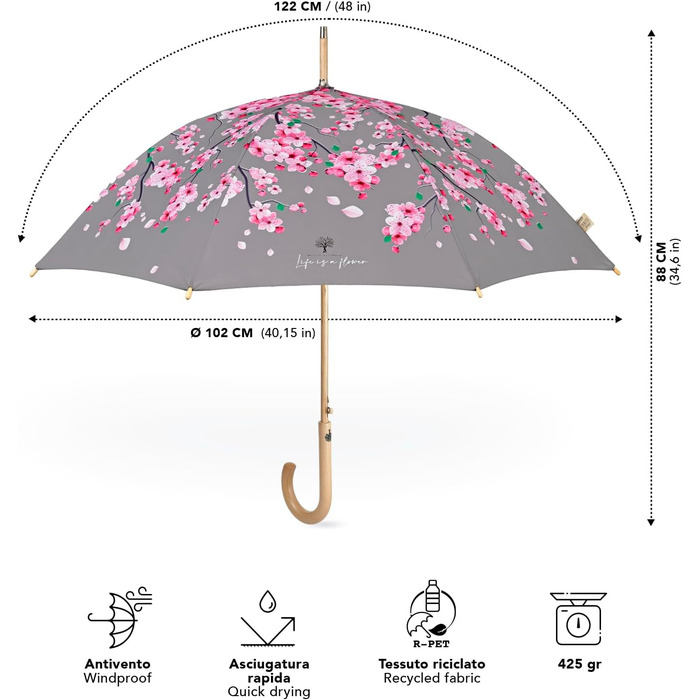 PERLETTI Green Eco Women's Umbrella - Large Automatic Rain Umbrella with Recycled Materials & Cherry Blossom Design
