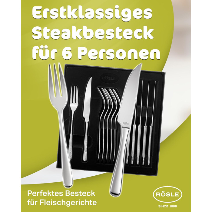 RÖSLE PASSION Steak Set, 12-Piece – High-Quality Steak Set for 6 People made of Stainless Steel 18/10 and Special Steel Blades – Highly Polished, Dishwasher Safe, in Elegant Gift Box, 12-Piece Steak Set