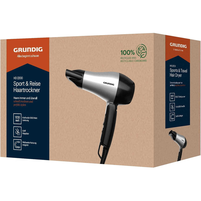 Компактний дорожній фен Grundig HD 2200 Sport & Reise, 1200 Вт, 2 режими температури та швидкості, складана ручка, сріблясто-чорний