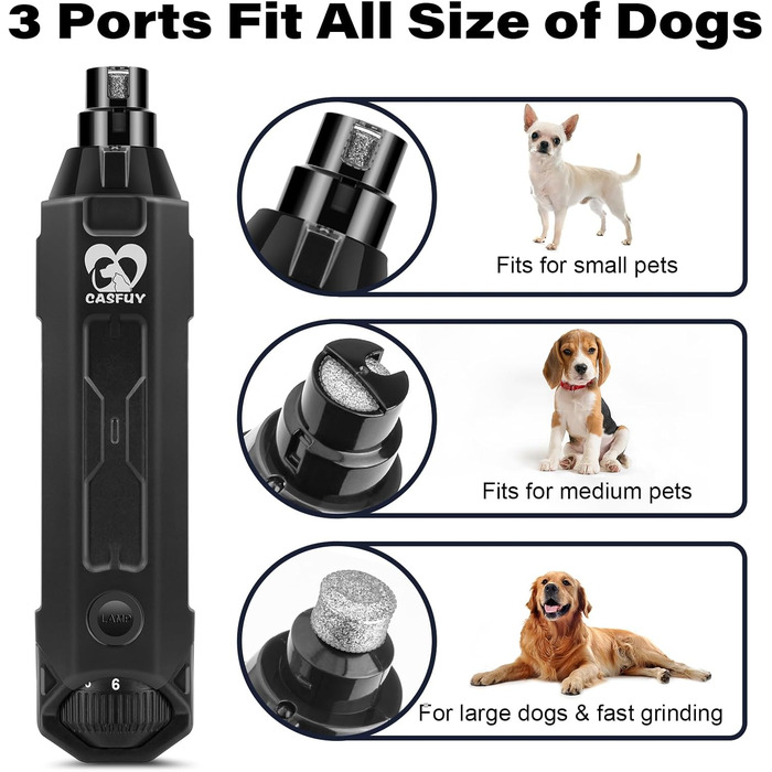 Електричний точило для собачих кігтів Casfuy 6-ступінчате - Безшумний, акумуляторний тример для собак великих, середніх та малих порід (сірий)