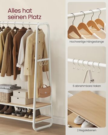 Стійка для одягу VASAGLE RGR119W09, 2 полиці, 6 гачків, сталеве каркас, 45 x 138 x 160 см, для спальні, коридору, прихожої, бежево-білий колір