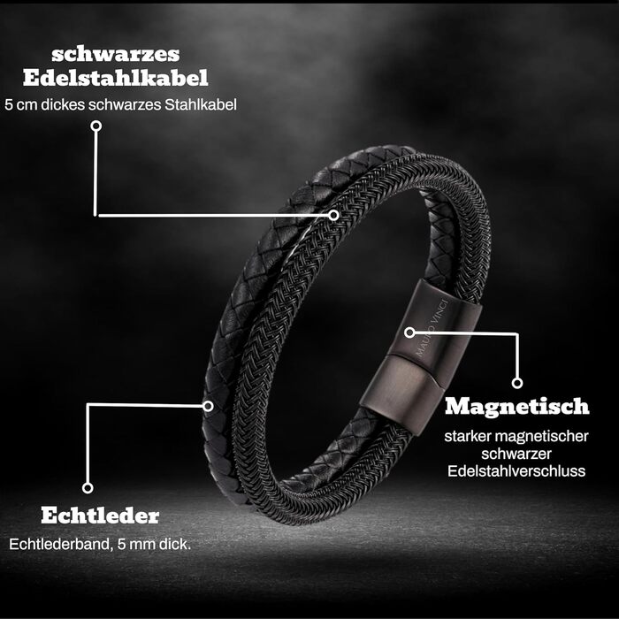 Чоловічий шкіряний браслет Baresi STEEL MB-0022: подвійний шнур, магнітний замок, регульований (19.5-21 см), чорний. З подарунковою упаковкою