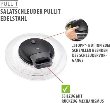 GEFU Салатоотжим - 5 л, вбудований виливник, кнопка стоп, неслизький, придатний для миття в посудомийній машині (4,5 л, кришка, нержавіюча сталь + кришка для зберігання)