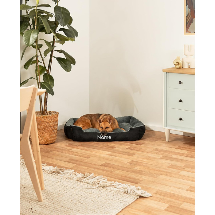 Ліжко для собак Lionto з двостороннім подушкою та неслизьким дном, міцне лежання для собак та котів будь-якого віку, 60x48 см, м'яке собаче ліжко, (Д 90 x Ш 70 x В 20 см (з нанесенням імені), чорний/сірий)
