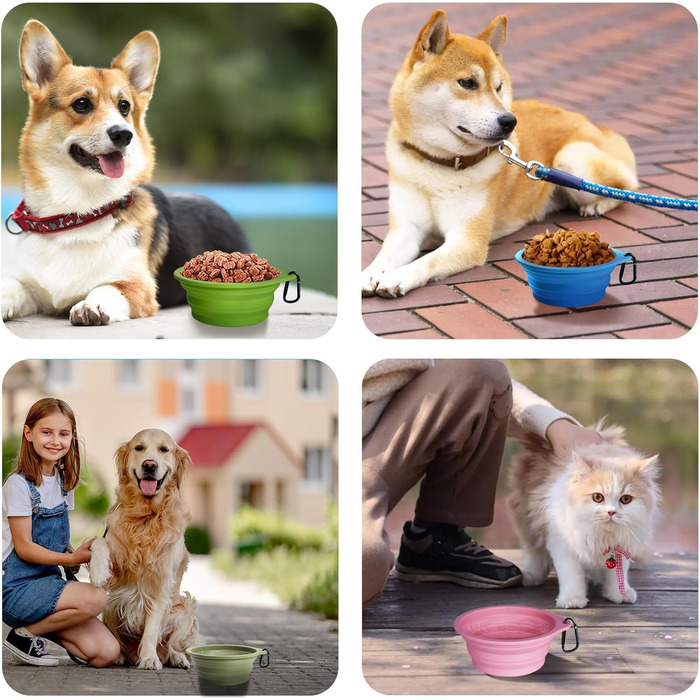 Складані годівниці для собак PetBonus (2 шт.) з силікону, 1000 мл, для води та корму, з карабіном, фіолетовий, рожевий