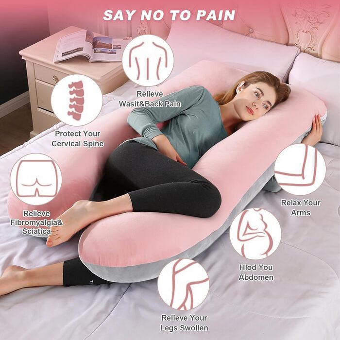 Подушка для вагітних Aevcvok U-подібної форми, подушка для годування, підтримуюча подушка, 140x70 см (Рожевий & Сірий, велюр)
