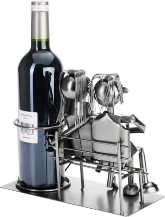 BRUBAKER Bottle Holder Men Loving Couple on Bench - Wine Bottle Holder Silver - Metal Bottle Stand Love - Metal Sculpture Gift for Married Couples with Gift Card (Woman + Man)