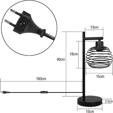 Стійка лампа ZMH Vintage, чорна, для спальні, вітальні, дитячої кімнати, офісу, металева, Е27, 60W, ретро, з вимикачем, без лампочки
