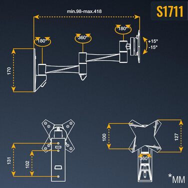 Кріплення для монітора RICOO S1711: настінна підставка для монітора 13-34 дюймів, поворотна, нахилена, VESA 75/100 мм