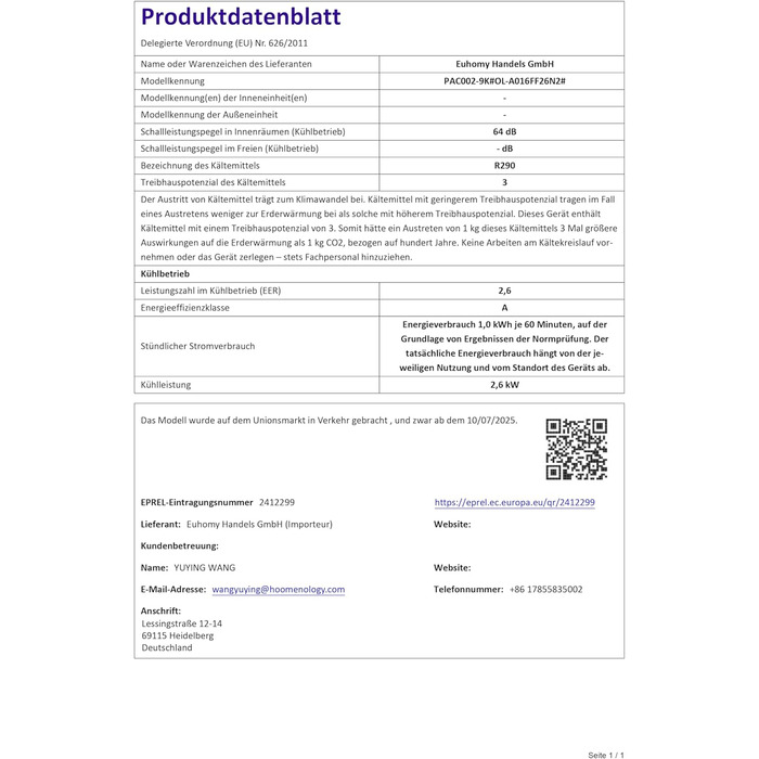 Мобільний кондиціонер 9000 BTU з випускним шлангом | 4-в-1 | Тиха робота <48 дБ | Цифровий дисплей + пульт дистанційного керування | Комплект для встановлення у вікно | Таймер 24 години | Для приміщень до 25 м²