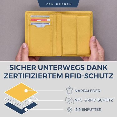 VON HEESEN Leather Wallet RFID Protection | Genuine Leather Wallet for Women & Men | Portemonnaie, Brieftasche, Wallet, Portmonee (Yellow)