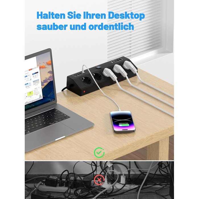 Мережевий фільтр PASSUS з 5 розетками, 2 USB-C (PD 30W), захист від перенапруги, індивідуальне вмикання, 10-в-1, з кабелем 2м, для офісу, чорний