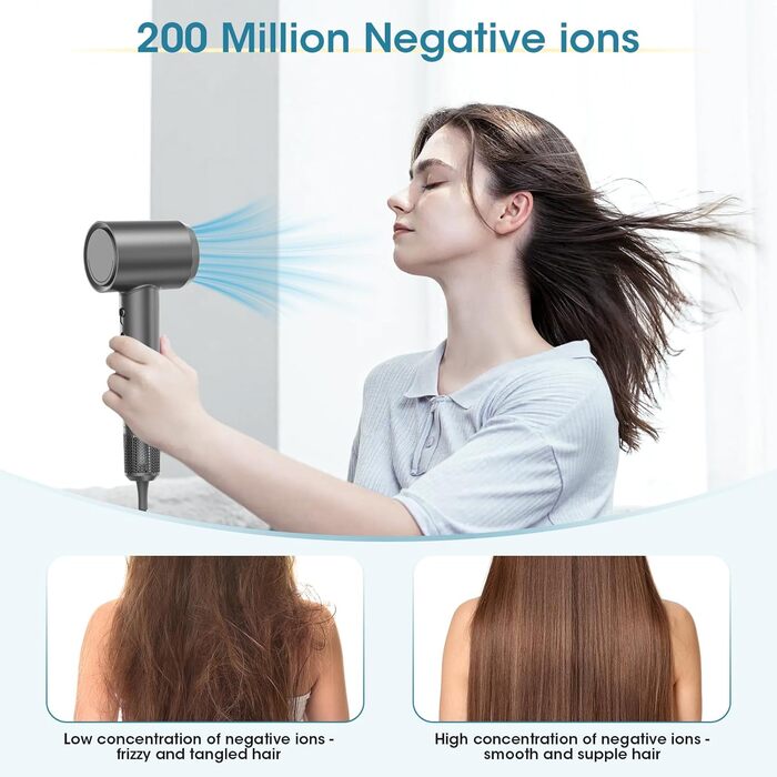 Фен Vasip з безщітковим мотором 110 000 об/хв, 200 млн негативних іонів, дифузор та концентратори, 4 режими нагріву та 2 швидкості